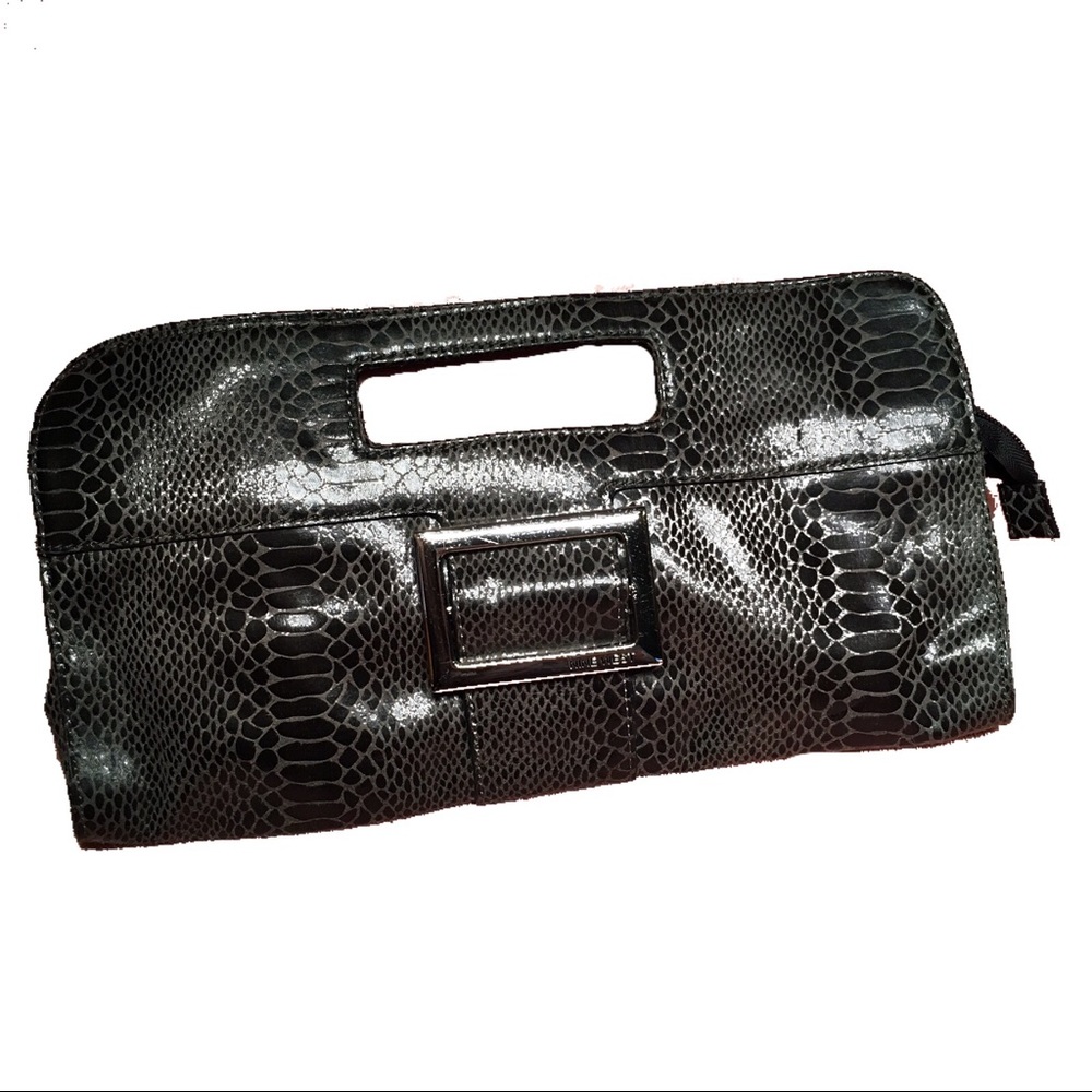 Nine West Gray Buckle Zipper Snakeskin Clutch